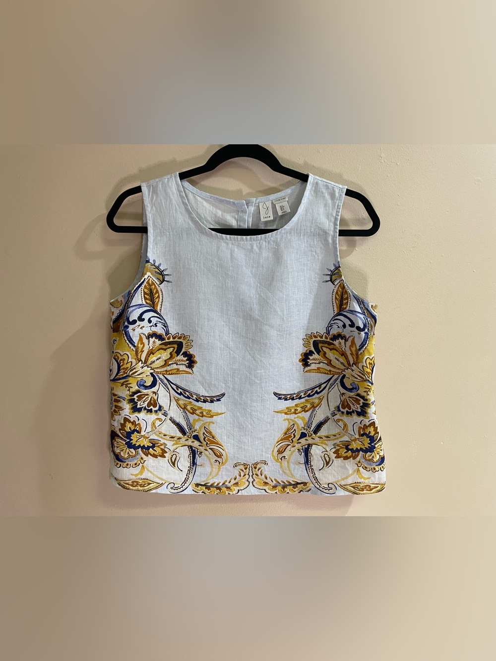 Joie 100% Linen Button-Back Sleeveless Top – White Gold Navy Paisley Print Sz S